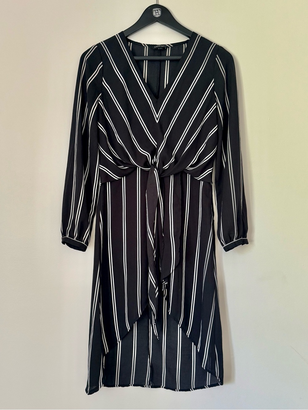 George Black and White Striped High-Low Tie-Front Dress SZ.XS